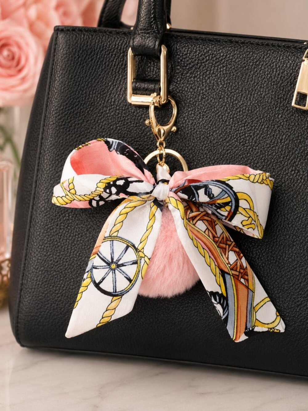 Pink Gold Purse Charm Pom Pom Bag Charm Scarf Bow Keychain Designer Inspired - Picture 3 of 5